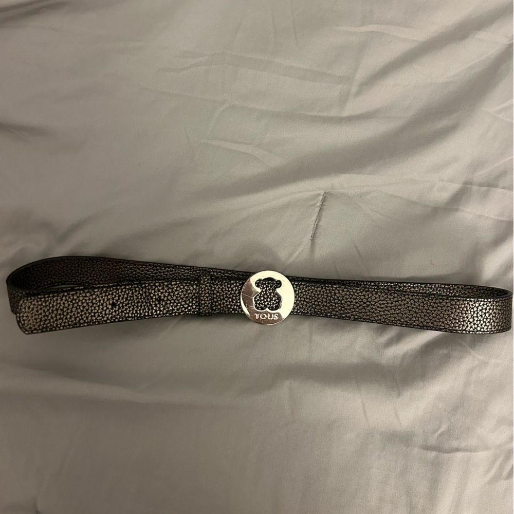 Tous Sliver/Black Textured Leather Belt with Silver Buckle